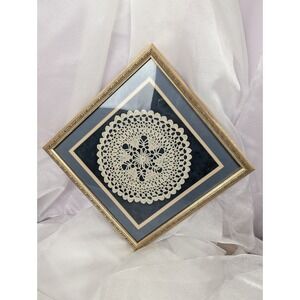 Vintage Framed Crochet Lace Doily Wall Art Gold Gilt Square Frame Navy Mat